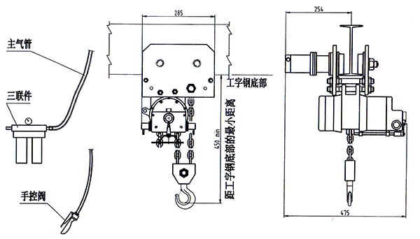 2噸運(yùn)行式氣動(dòng)葫蘆尺寸圖